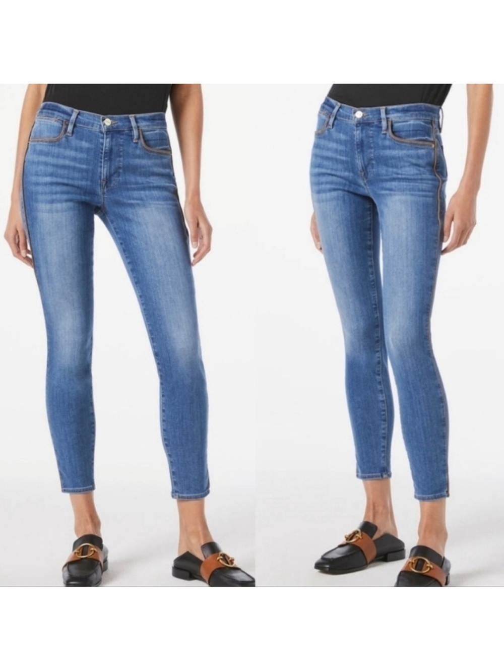 Frame Le high skinny blue denim Bonhill wash with brown piping on sides jeans